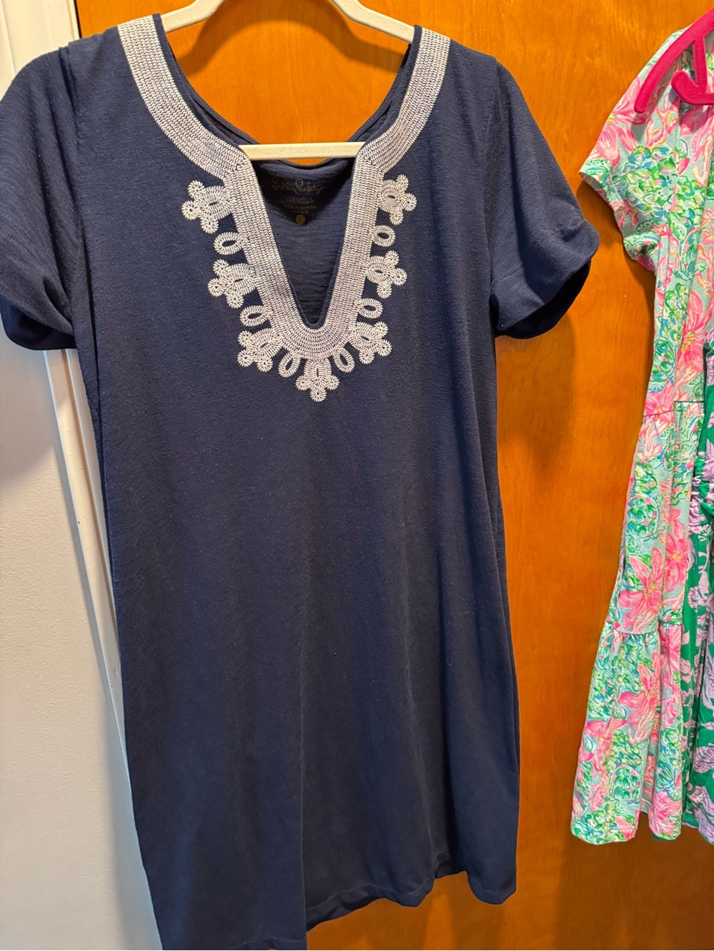 Navy Tunic Dress with White Embroidered V-Neck